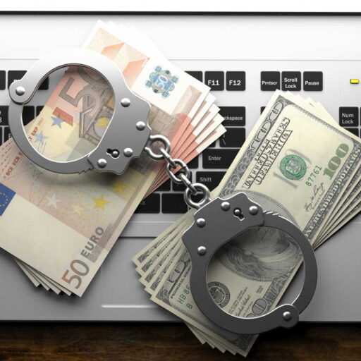 Cyber crime. Handcuffs and US dollars and euro banknotes on a computer laptop  background, top view. Bribe, corruption concept. 3d illustration